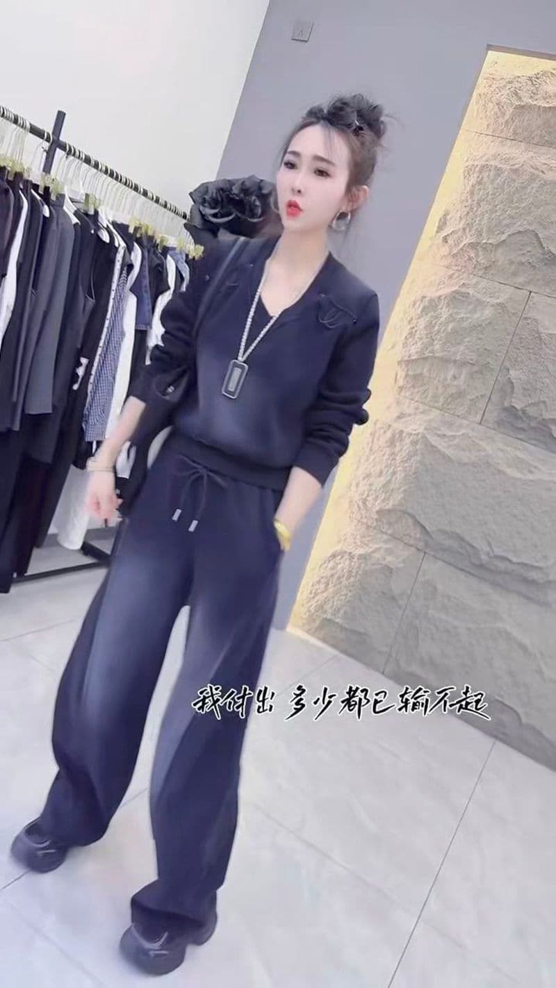 모방 면 사선 무늬 당겨 프레임 250그램 봄 가을 세트 여성 무거운 작업 캐주얼 긴팔 패션 와이드 레그 팬츠 투피스 세트 이미지 3