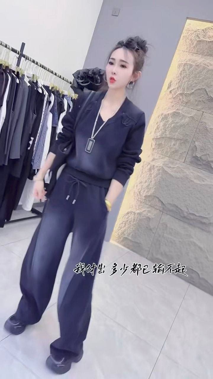 모방 면 사선 무늬 당겨 프레임 250그램 봄 가을 세트 여성 무거운 작업 캐주얼 긴팔 패션 와이드 레그 팬츠 투피스 세트 상세 이미지 6