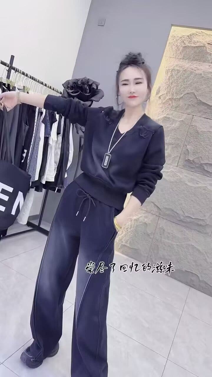 모방 면 사선 무늬 당겨 프레임 250그램 봄 가을 세트 여성 무거운 작업 캐주얼 긴팔 패션 와이드 레그 팬츠 투피스 세트 상세 이미지 7