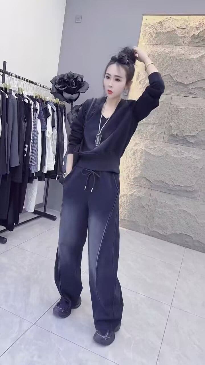 모방 면 사선 무늬 당겨 프레임 250그램 봄 가을 세트 여성 무거운 작업 캐주얼 긴팔 패션 와이드 레그 팬츠 투피스 세트 상세 이미지 9
