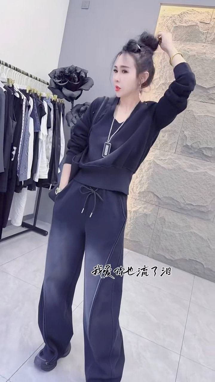 모방 면 사선 무늬 당겨 프레임 250그램 봄 가을 세트 여성 무거운 작업 캐주얼 긴팔 패션 와이드 레그 팬츠 투피스 세트 상세 이미지 11