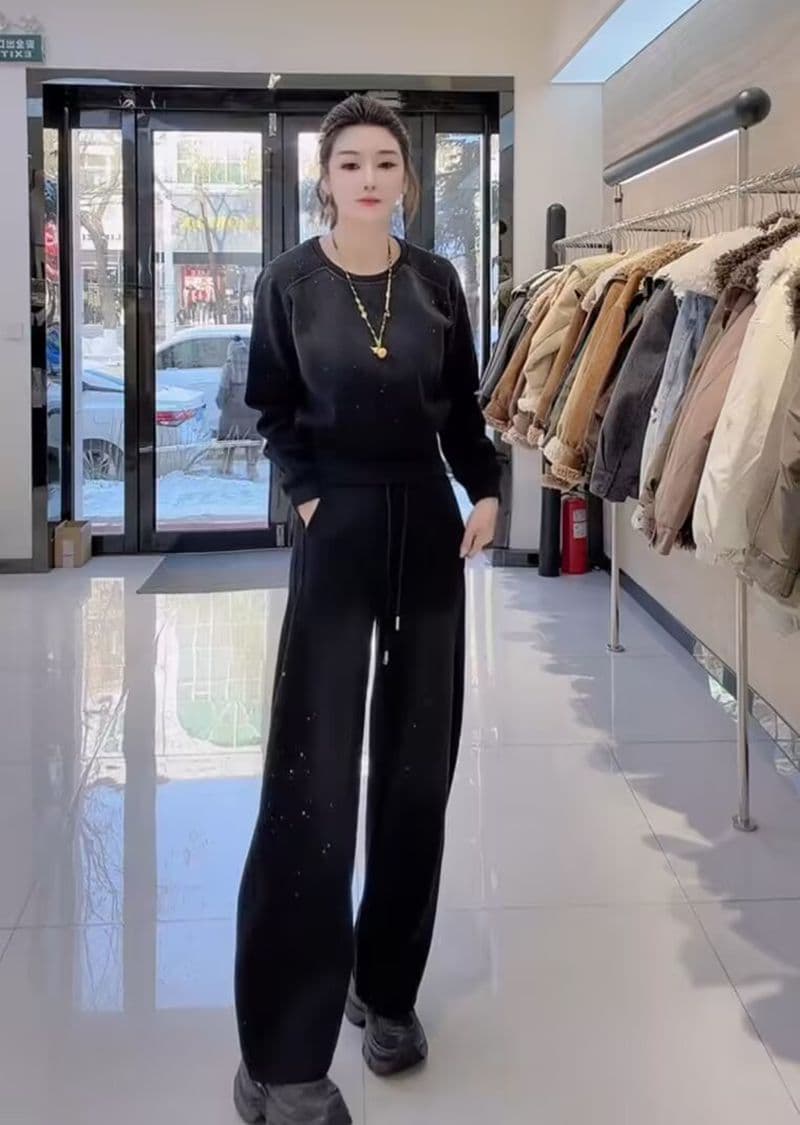 모방 면 사선 무늬 당겨 프레임 250그램 캐주얼 스포츠 슈트 여성 봄 가을 루즈핏 밝은 훈련 후드티 긴 바지 투피스 세트 이미지 2