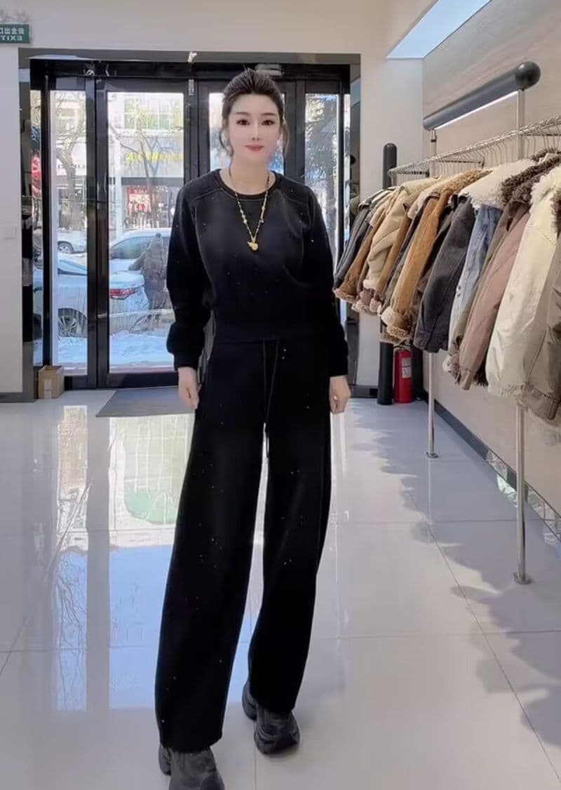 모방 면 사선 무늬 당겨 프레임 250그램 캐주얼 스포츠 슈트 여성 봄 가을 루즈핏 밝은 훈련 후드티 긴 바지 투피스 세트 이미지 3