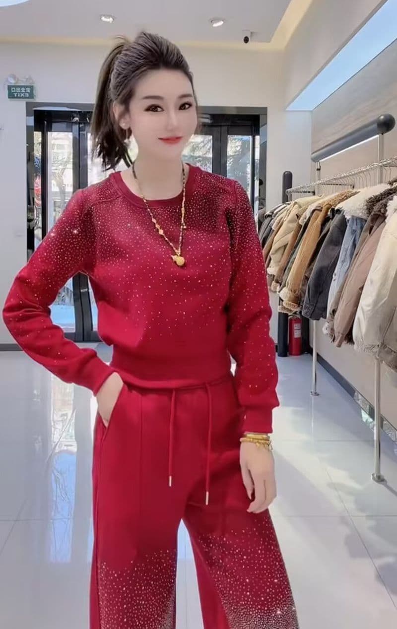 모방 면 사선 무늬 당겨 프레임 250그램 캐주얼 스포츠 슈트 여성 봄 가을 루즈핏 밝은 훈련 후드티 긴 바지 투피스 세트 상세 이미지 3