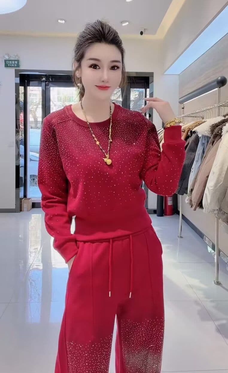 모방 면 사선 무늬 당겨 프레임 250그램 캐주얼 스포츠 슈트 여성 봄 가을 루즈핏 밝은 훈련 후드티 긴 바지 투피스 세트 상세 이미지 8