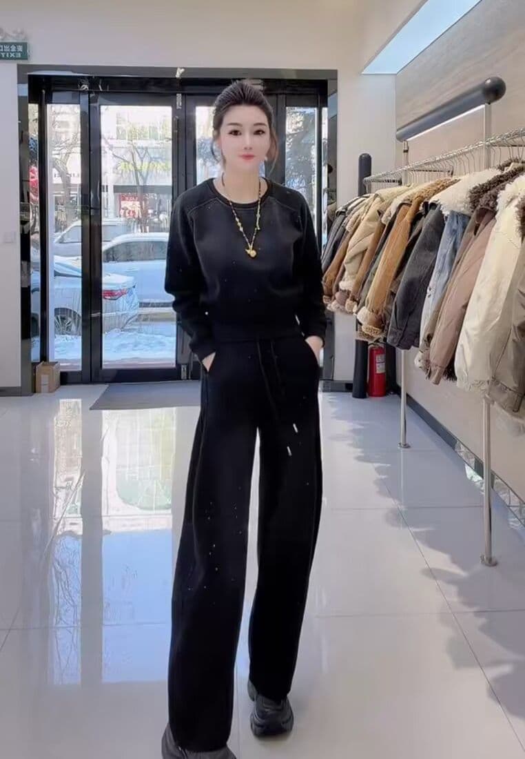 모방 면 사선 무늬 당겨 프레임 250그램 캐주얼 스포츠 슈트 여성 봄 가을 루즈핏 밝은 훈련 후드티 긴 바지 투피스 세트 상세 이미지 10
