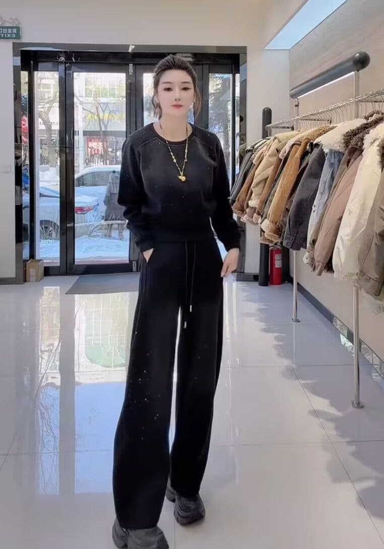 모방 면 사선 무늬 당겨 프레임 250그램 캐주얼 스포츠 슈트 여성 봄 가을 루즈핏 밝은 훈련 후드티 긴 바지 투피스 세트 상세 이미지 11