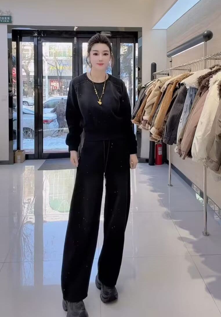모방 면 사선 무늬 당겨 프레임 250그램 캐주얼 스포츠 슈트 여성 봄 가을 루즈핏 밝은 훈련 후드티 긴 바지 투피스 세트 상세 이미지 12