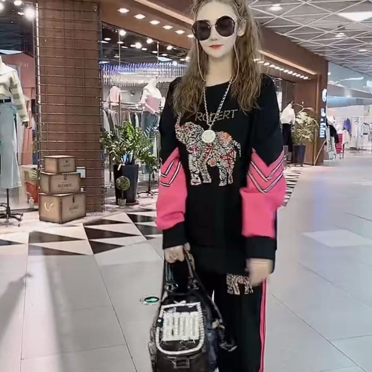 모방 면 사선 무늬 당겨 프레임 250그램 캐주얼 세트 여성 봄 가을 긴팔 후드티 핫픽스 긴 바지 투피스 세트 이미지 2