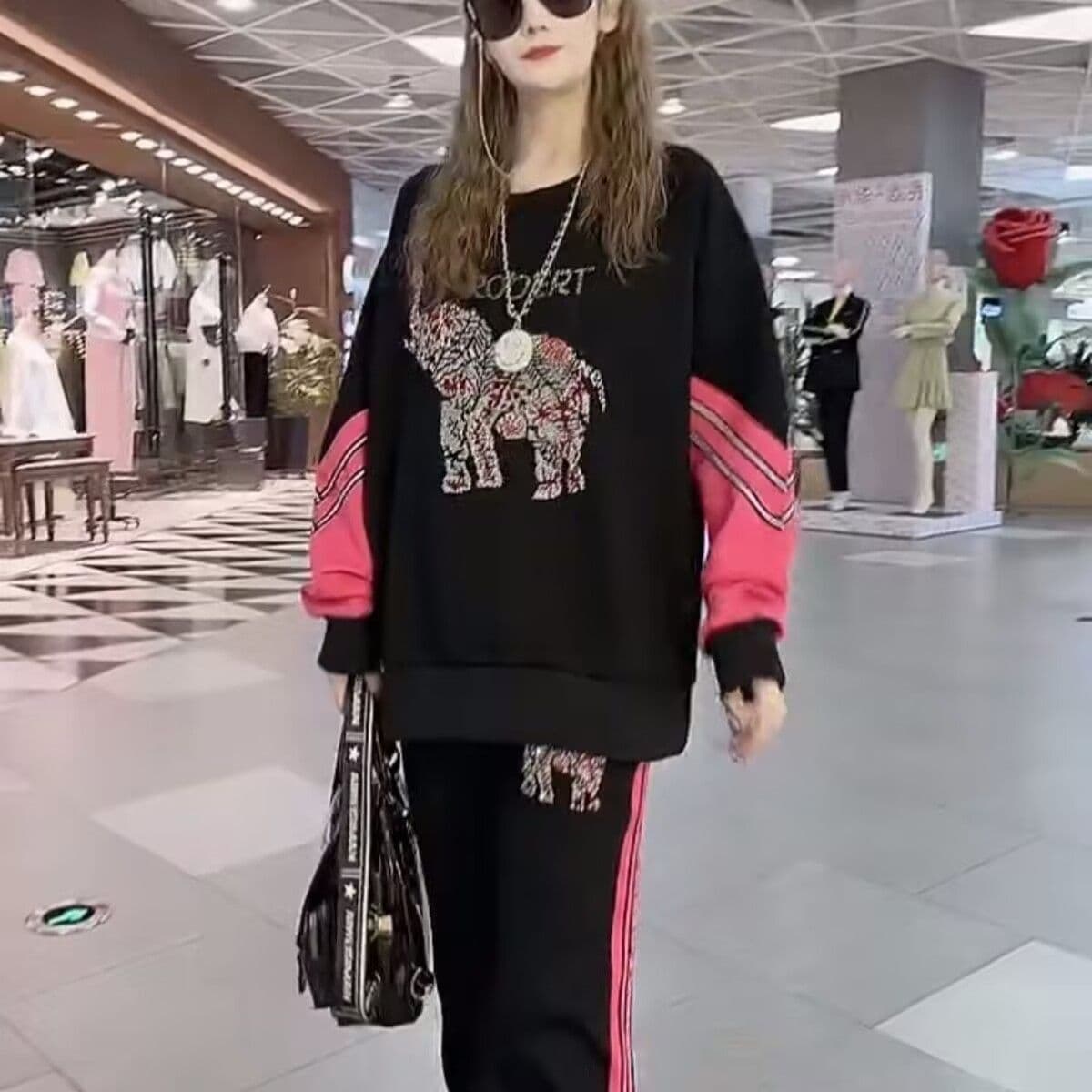 모방 면 사선 무늬 당겨 프레임 250그램 캐주얼 세트 여성 봄 가을 긴팔 후드티 핫픽스 긴 바지 투피스 세트 이미지 5