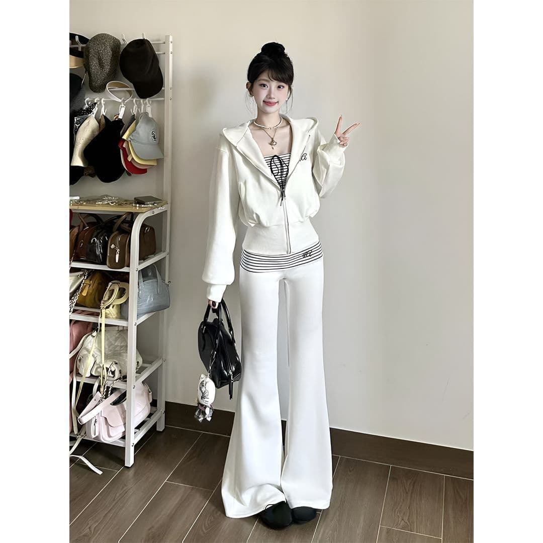이른 가을 순수한 욕망 바람 핫걸 3종 세트 후드 티 스웨터 몸매 가꾸기 스트라이프 튜브탑 하이웨이스트 마이크로 나팔 바지 상세 이미지 9