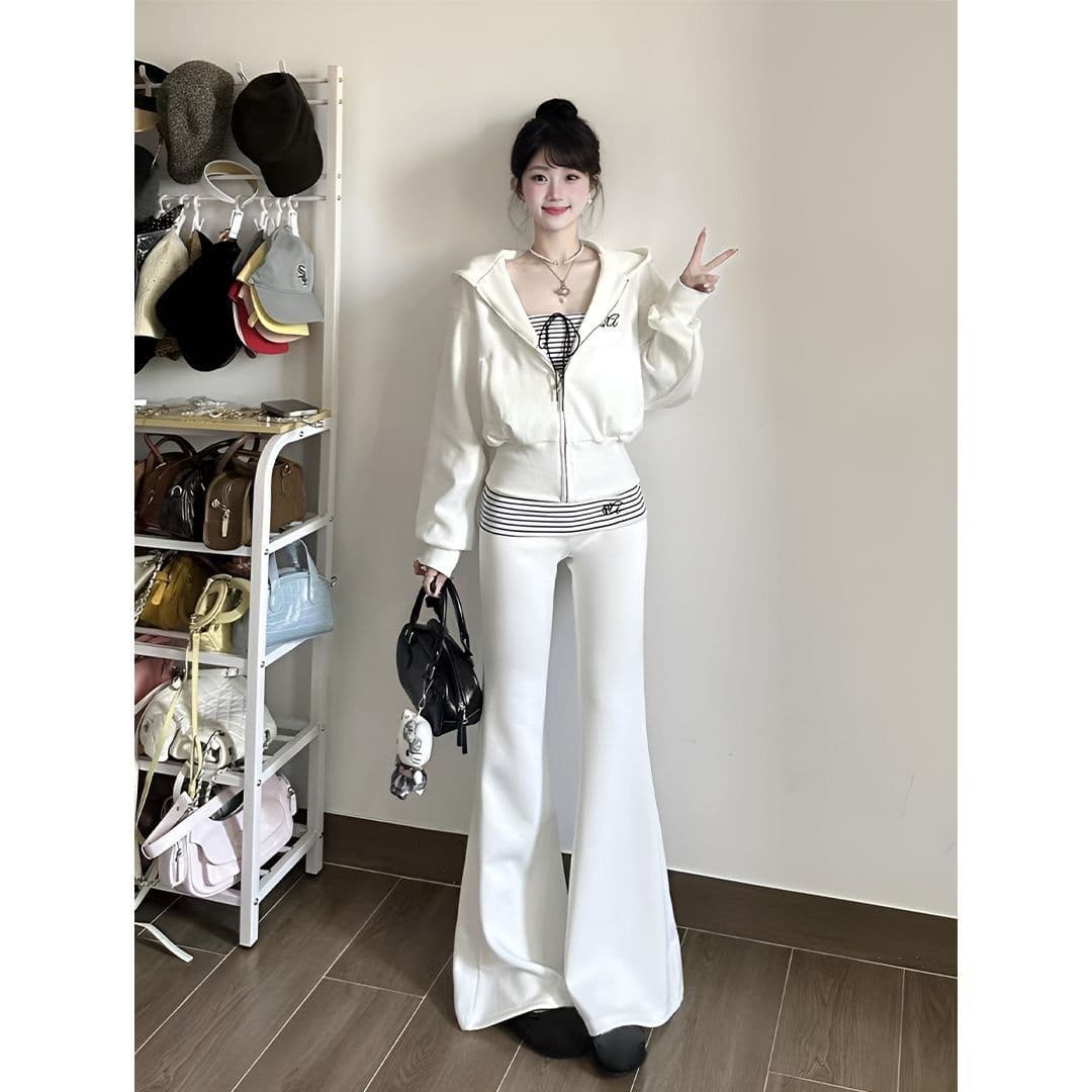 이른 가을 순수한 욕망 바람 핫걸 3종 세트 후드 티 스웨터 몸매 가꾸기 스트라이프 튜브탑 하이웨이스트 마이크로 나팔 바지 상세 이미지 16