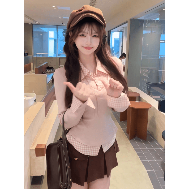 순수한 욕망 달콤한 핫걸 세트 학원 스타일 허리 수축 페이크 레이어드 셔츠 맨위 플리츠 반 스커트 소녀 센스 투피스 세트 상세 이미지 5