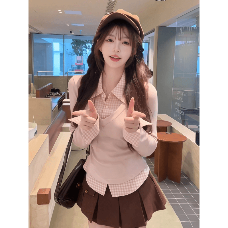 순수한 욕망 달콤한 핫걸 세트 학원 스타일 허리 수축 페이크 레이어드 셔츠 맨위 플리츠 반 스커트 소녀 센스 투피스 세트 상세 이미지 6