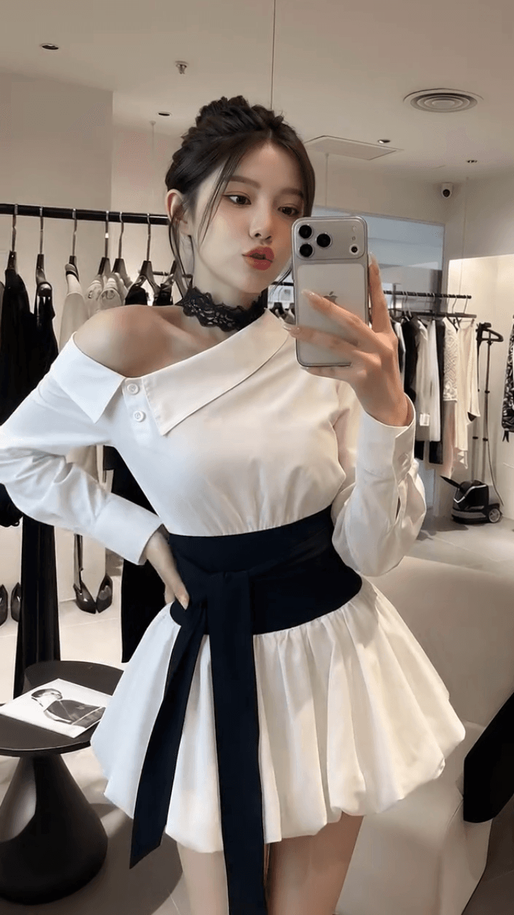 2026 가을 새로운 연구 부서 순수한 프랑스식 비스듬한 어깨 셔츠 인감 허리 스트랩 허리 수축 코디 꽃밭 미니 스커트 세트 상세 이미지 3
