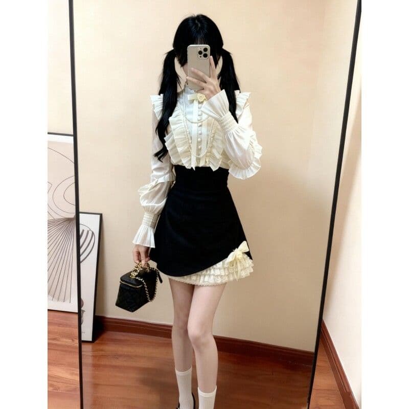 한 부서 부유 한 가족 천 골드 착용 가져 가라. 에이즈 환자 여성 세트 봄 여름 프랑스식 품격 고급 센스 셔츠 반신 스커트 투피스 세트 상세 이미지 9