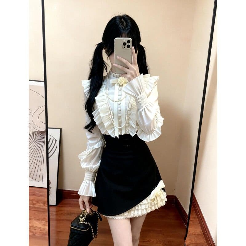 한 부서 부유 한 가족 천 골드 착용 가져 가라. 에이즈 환자 여성 세트 봄 여름 프랑스식 품격 고급 센스 셔츠 반신 스커트 투피스 세트 상세 이미지 10