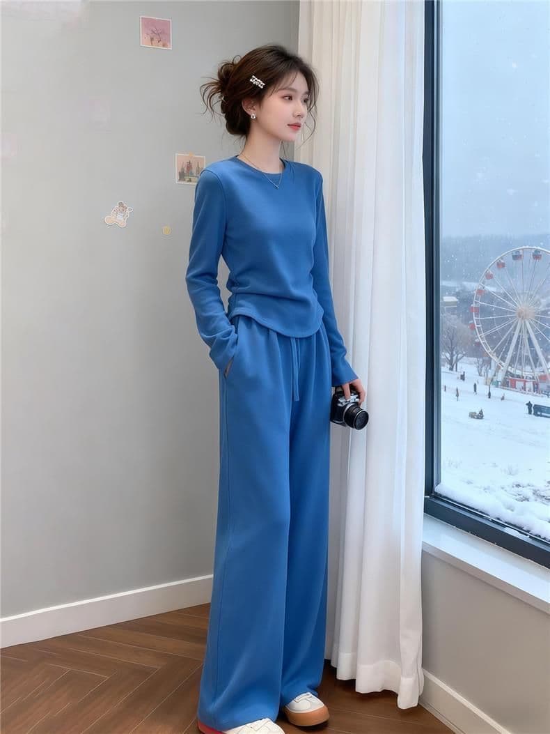 40 1x1 순면 파란색 캐주얼 스포츠 슈트 여성 긴 소매 와이드 레그 팬츠 투피스 세트 이미지 2