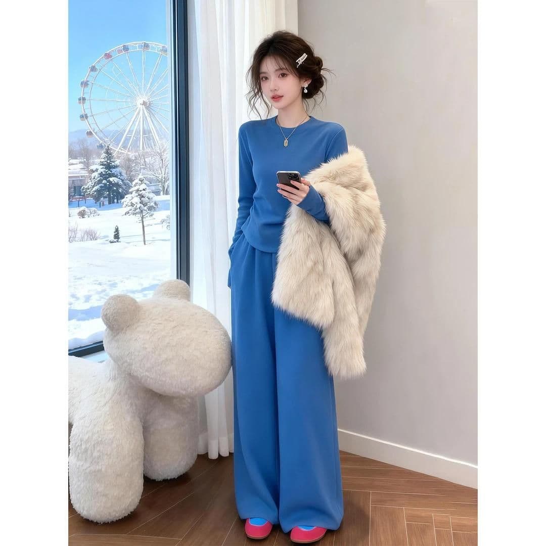 40 1x1 순면 파란색 캐주얼 스포츠 슈트 여성 긴 소매 와이드 레그 팬츠 투피스 세트