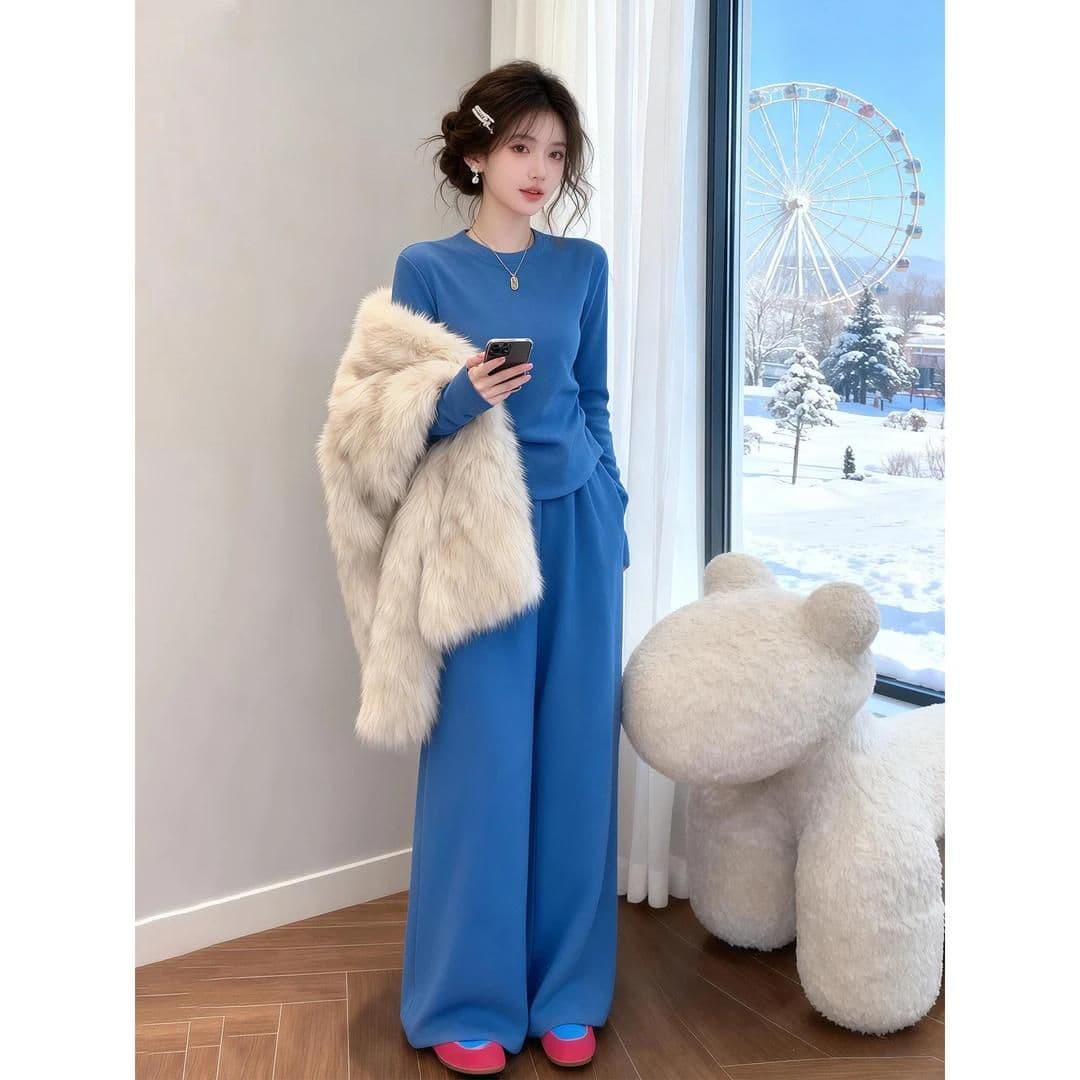 40 1x1 순면 파란색 캐주얼 스포츠 슈트 여성 긴 소매 와이드 레그 팬츠 투피스 세트 이미지 3