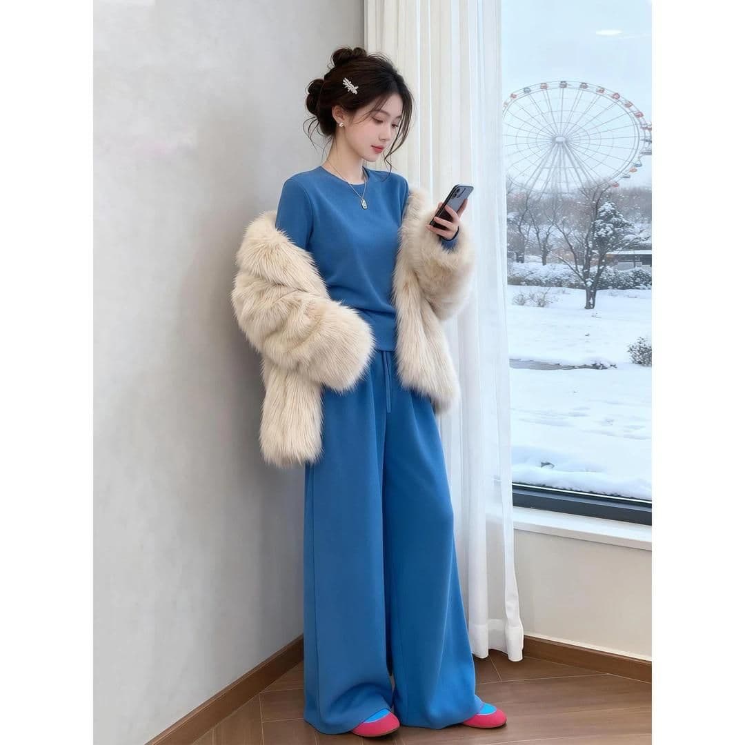 40 1x1 순면 파란색 캐주얼 스포츠 슈트 여성 긴 소매 와이드 레그 팬츠 투피스 세트 상세 이미지 4