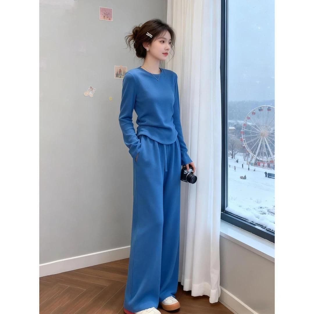 40 1x1 순면 파란색 캐주얼 스포츠 슈트 여성 긴 소매 와이드 레그 팬츠 투피스 세트 상세 이미지 5
