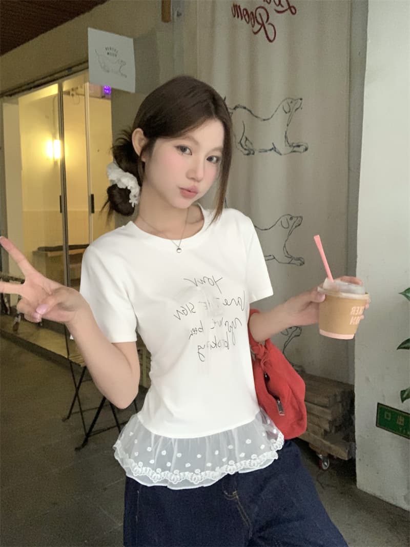 실사 정가 한 부서 달콤함 나비 매듭 알파벳 프린트 반팔 티셔츠 상세 이미지 10