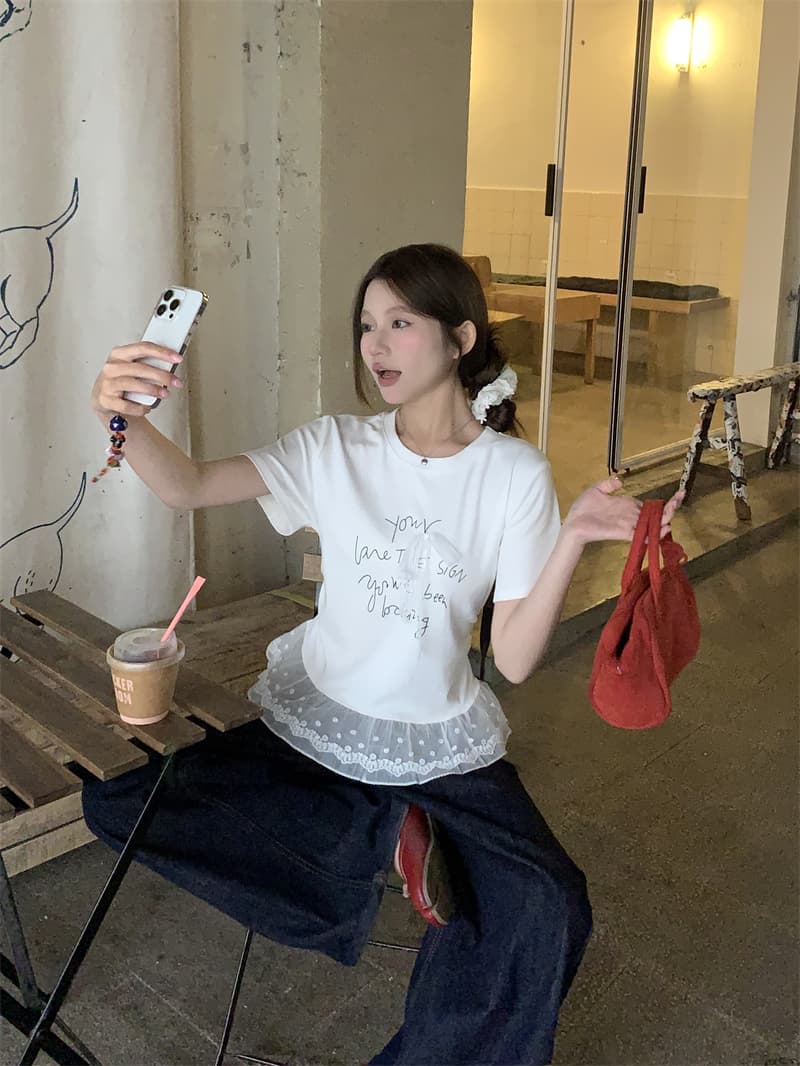 실사 정가 한 부서 달콤함 나비 매듭 알파벳 프린트 반팔 티셔츠 상세 이미지 12