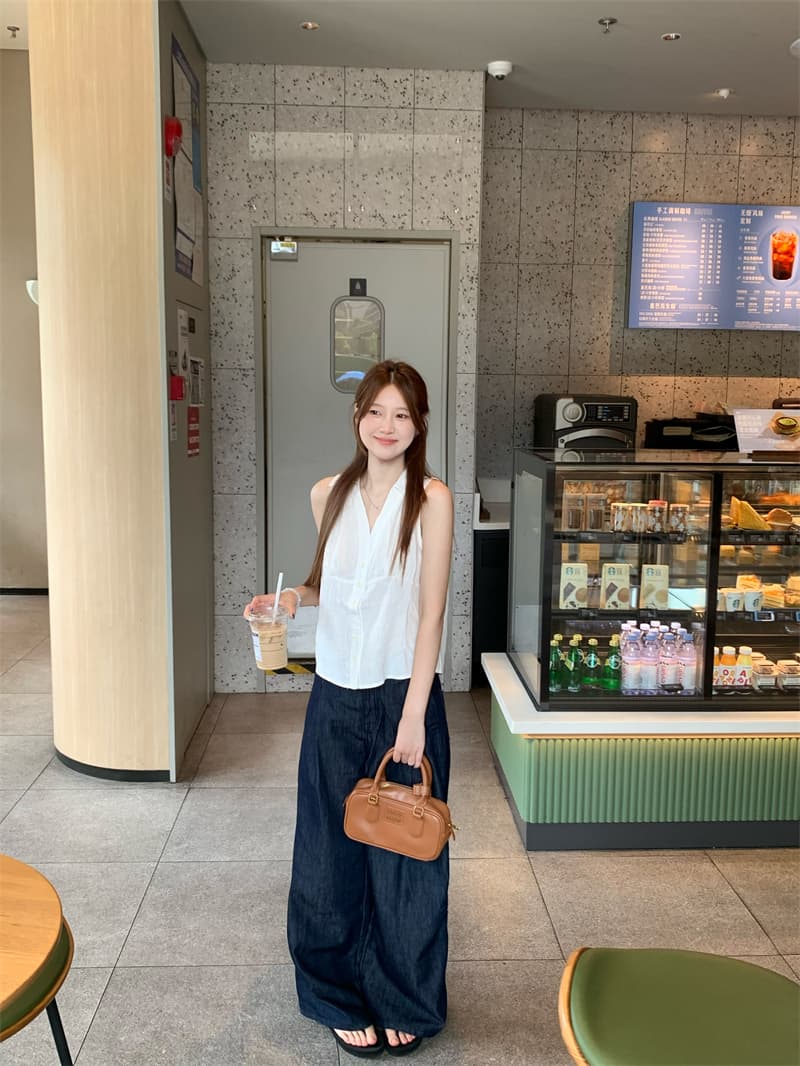 실사 정가 면 린넨 몸매 가꾸기 프랑스식 슬림해 보이는 다용도 V넥 조끼 셔츠 상세 이미지 1