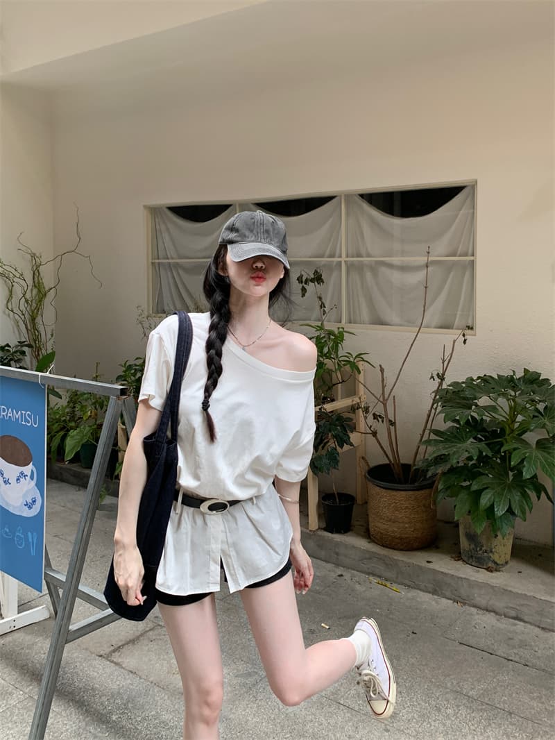 실사 정가 보트넥 비스듬한 어깨 반팔 티셔츠 벨트 포함