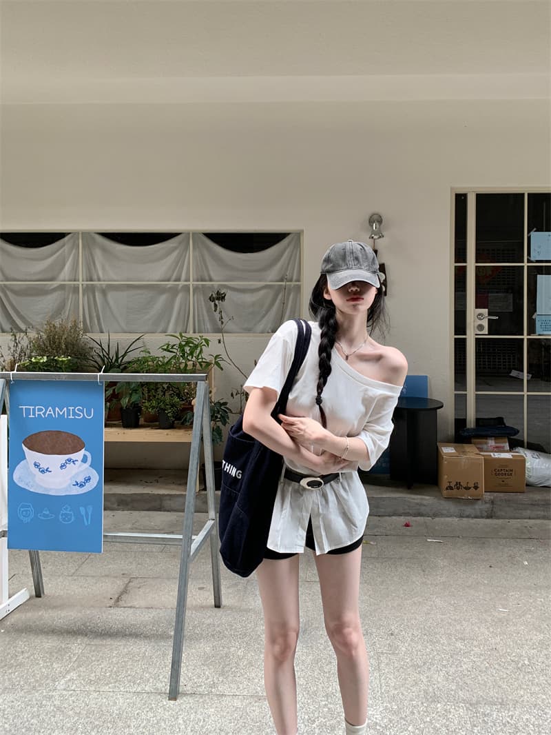 실사 정가 보트넥 비스듬한 어깨 반팔 티셔츠 벨트 포함 상세 이미지 5