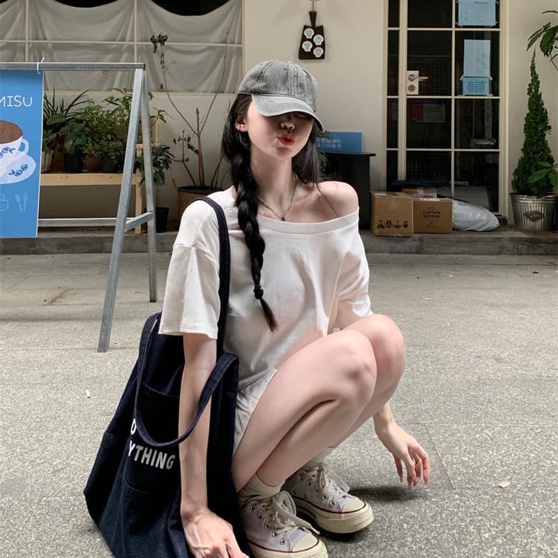 실사 정가 보트넥 비스듬한 어깨 반팔 티셔츠 벨트 포함 이미지 5