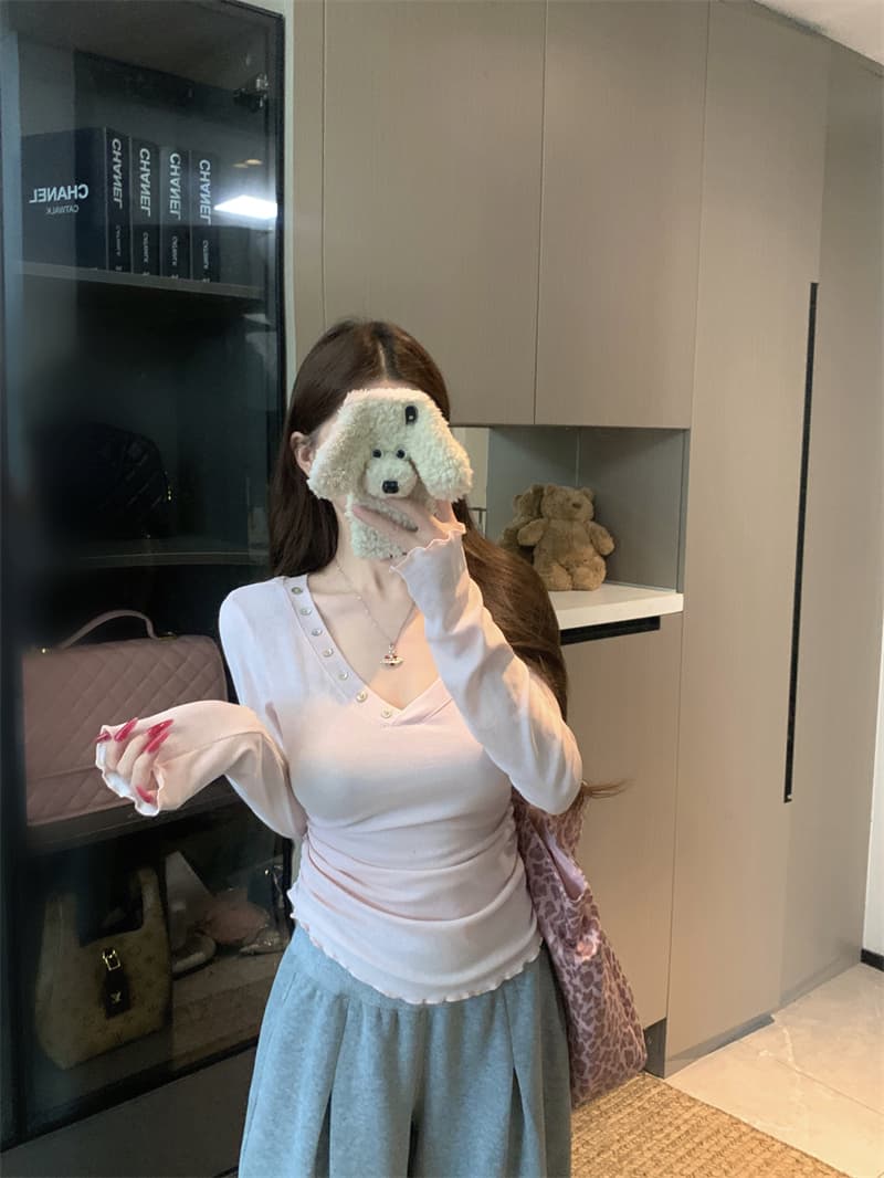 실사 정가 작은 대중 V넥 버튼 장식 긴팔 티셔츠 몸매 가꾸기 펌프 Pleat 허리 수축 맨위 상세 이미지 1