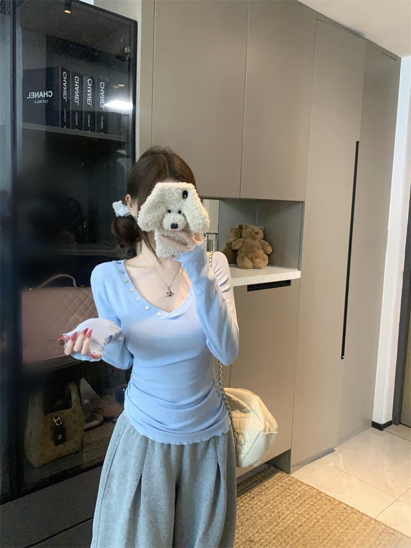 실사 정가 작은 대중 V넥 버튼 장식 긴팔 티셔츠 몸매 가꾸기 펌프 Pleat 허리 수축 맨위 상세 이미지 10