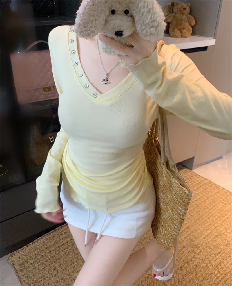 실사 정가 작은 대중 V넥 버튼 장식 긴팔 티셔츠 몸매 가꾸기 펌프 Pleat 허리 수축 맨위 이미지 2