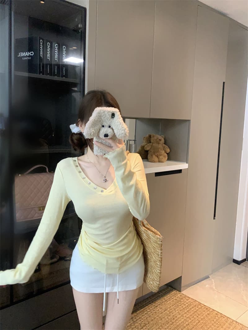 실사 정가 작은 대중 V넥 버튼 장식 긴팔 티셔츠 몸매 가꾸기 펌프 Pleat 허리 수축 맨위 상세 이미지 4