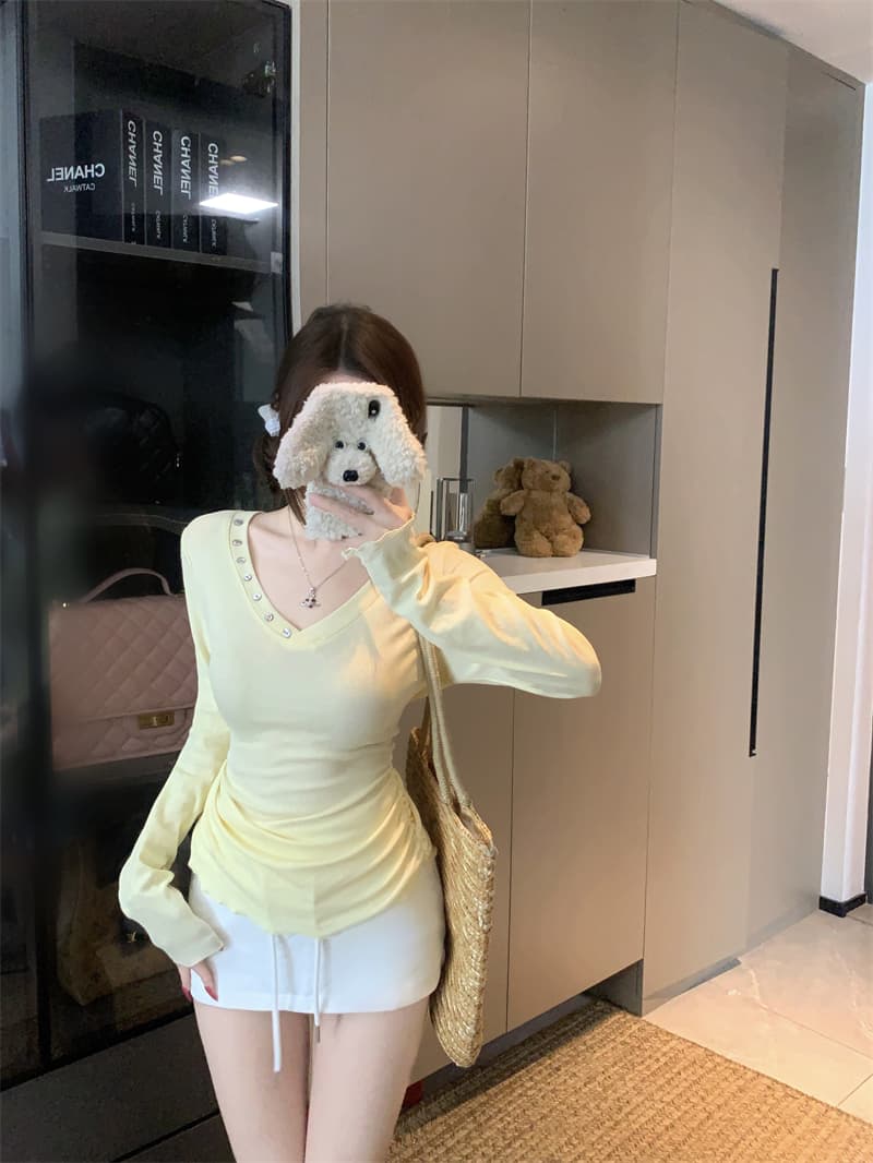실사 정가 작은 대중 V넥 버튼 장식 긴팔 티셔츠 몸매 가꾸기 펌프 Pleat 허리 수축 맨위 상세 이미지 5
