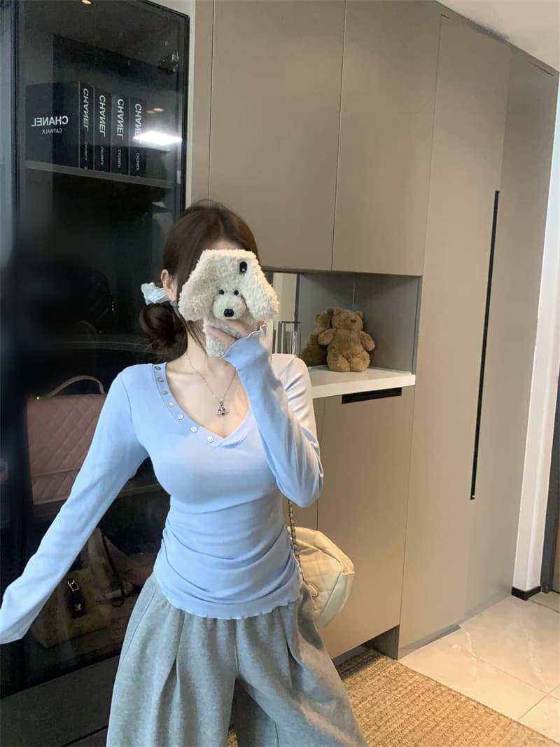 실사 정가 작은 대중 V넥 버튼 장식 긴팔 티셔츠 몸매 가꾸기 펌프 Pleat 허리 수축 맨위 상세 이미지 11