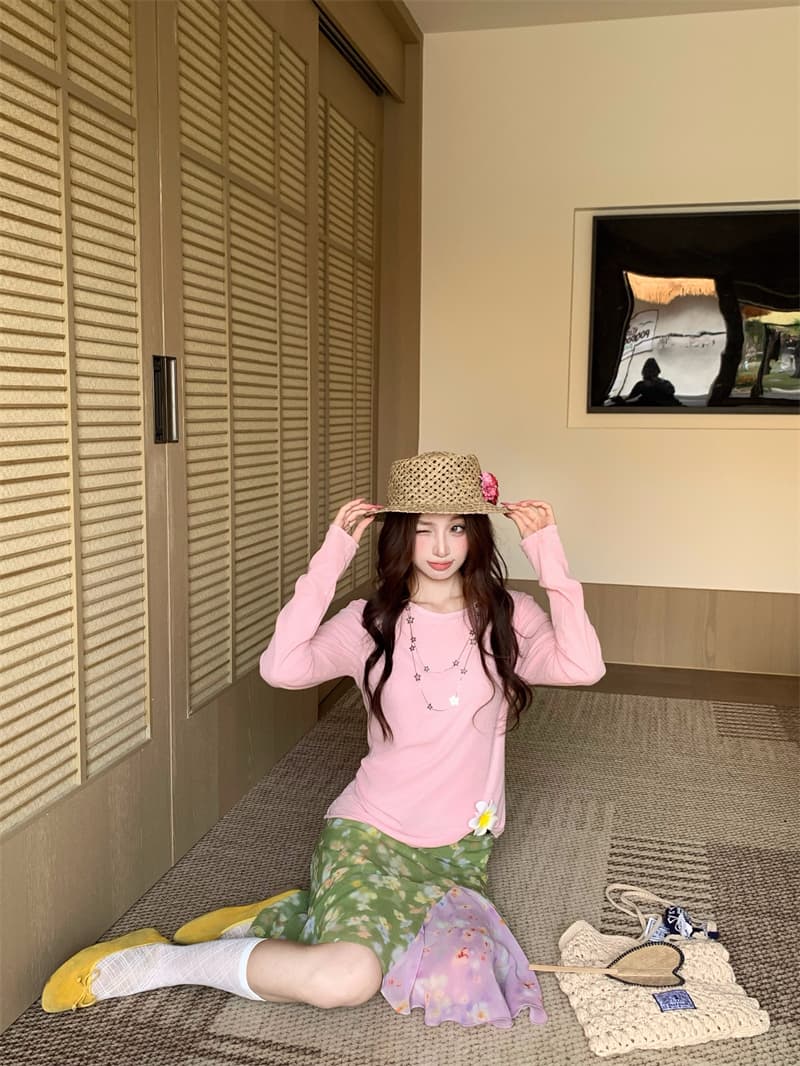실사 정가 몸매 가꾸기 슬림해 보이는 다용도 라운드 넥 티셔츠 배색 패치워크 꽃무늬 쉬폰 반신 스커트 상세 이미지 11