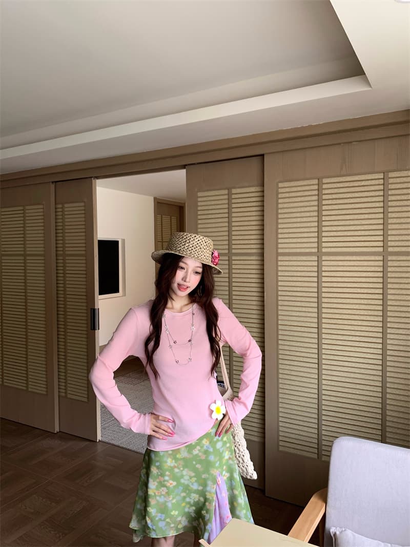 실사 정가 몸매 가꾸기 슬림해 보이는 다용도 라운드 넥 티셔츠 배색 패치워크 꽃무늬 쉬폰 반신 스커트 상세 이미지 12