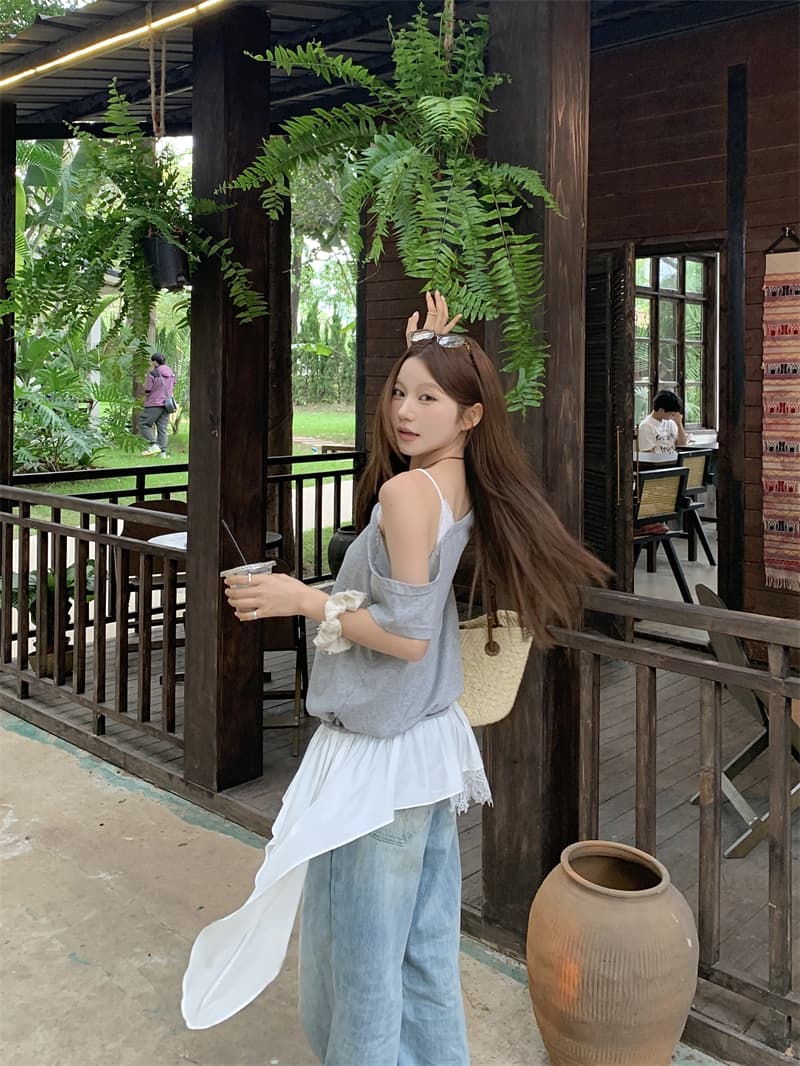 실사 정가 한국 스타일 루즈핏 페이크 레이어드 레이스 조각 오프숄더 반팔 티셔츠 상세 이미지 5