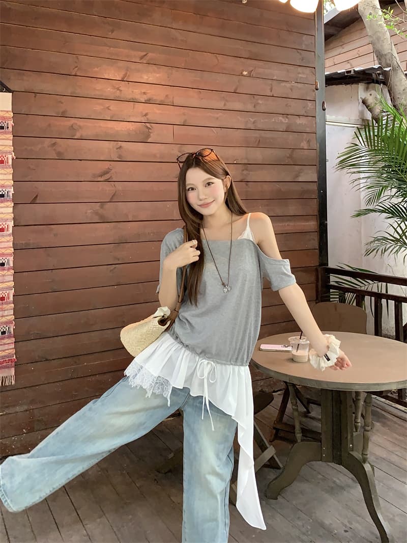 실사 정가 한국 스타일 루즈핏 페이크 레이어드 레이스 조각 오프숄더 반팔 티셔츠 상세 이미지 9