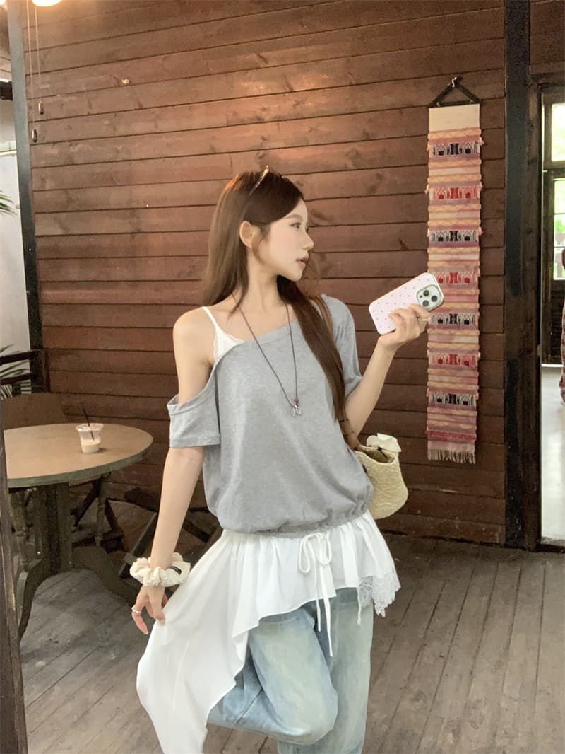 실사 정가 한국 스타일 루즈핏 페이크 레이어드 레이스 조각 오프숄더 반팔 티셔츠 상세 이미지 12