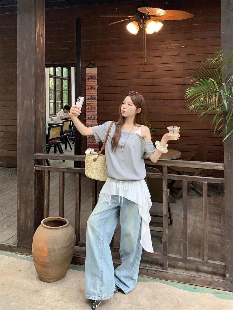 실사 정가 한국 스타일 루즈핏 페이크 레이어드 레이스 조각 오프숄더 반팔 티셔츠 상세 이미지 13