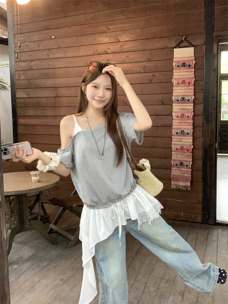 실사 정가 한국 스타일 루즈핏 페이크 레이어드 레이스 조각 오프숄더 반팔 티셔츠 이미지 4