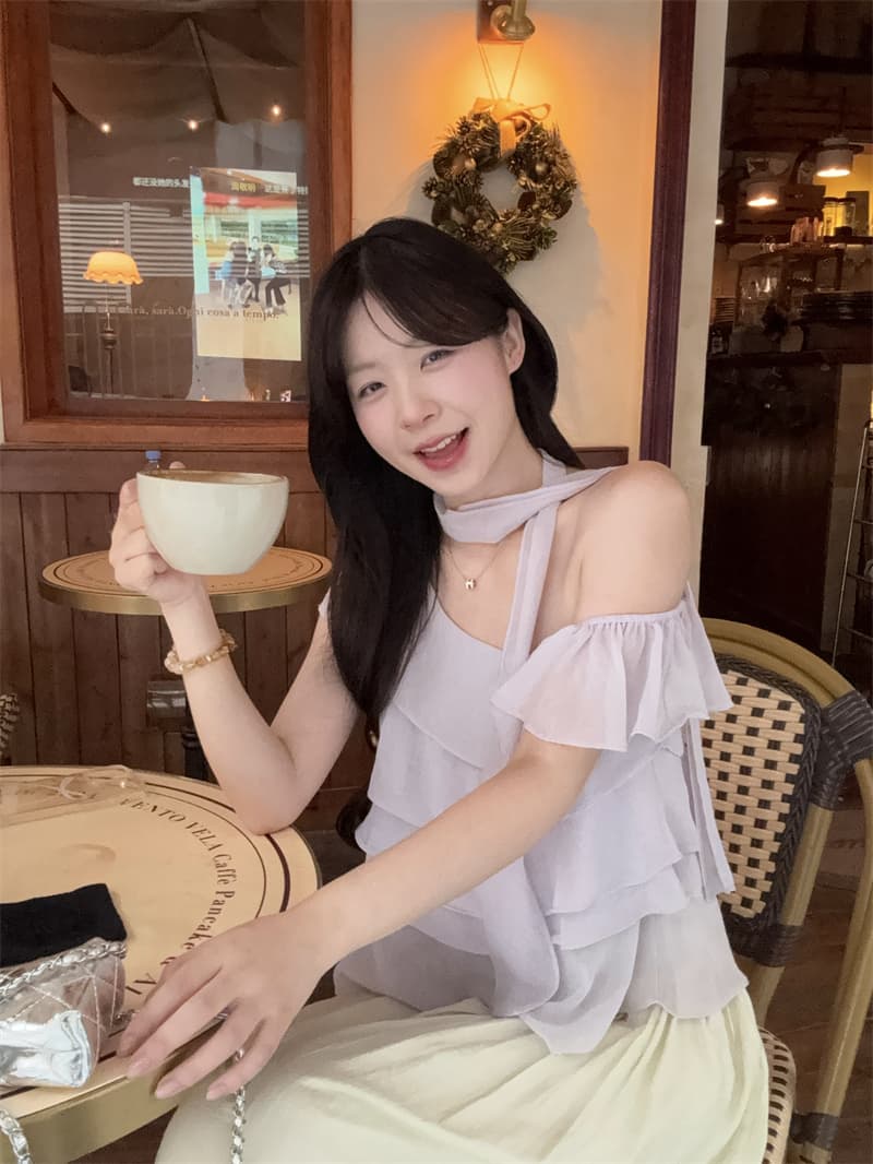 실사 정가 달콤함 오프숄더 프릴 맨위 품격 작은 셔츠 상세 이미지 2