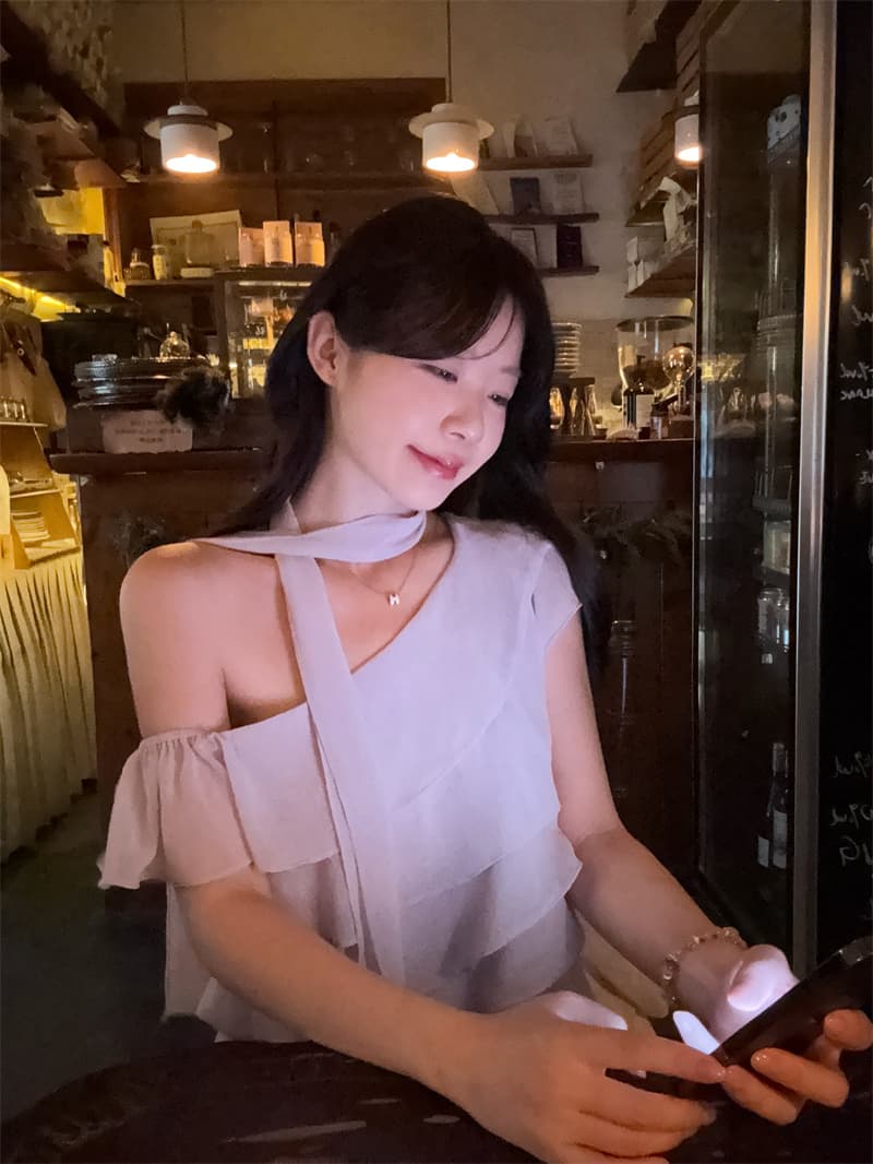실사 정가 달콤함 오프숄더 프릴 맨위 품격 작은 셔츠 상세 이미지 6