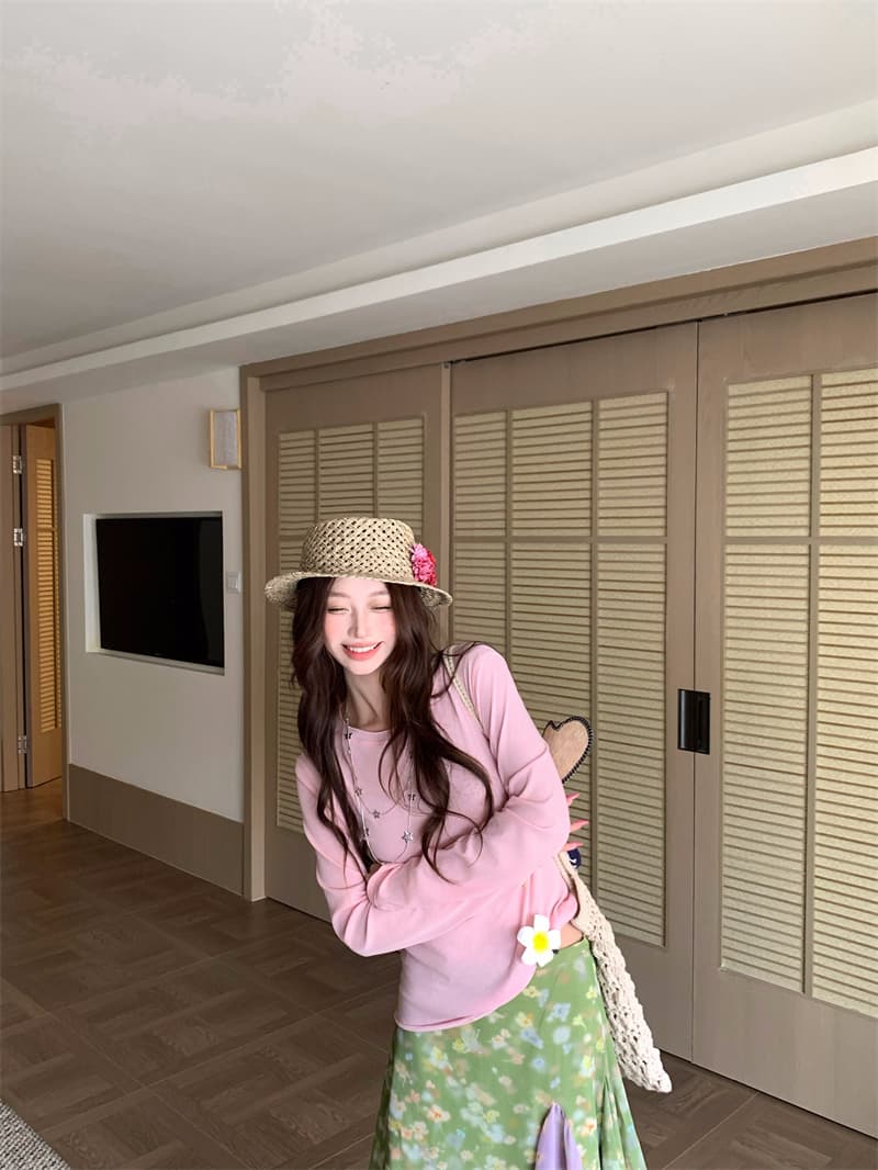 실사 정가 몸매 가꾸기 슬림해 보이는 다용도 라운드 넥 티셔츠 배색 패치워크 꽃무늬 쉬폰 반신 스커트 이미지 3