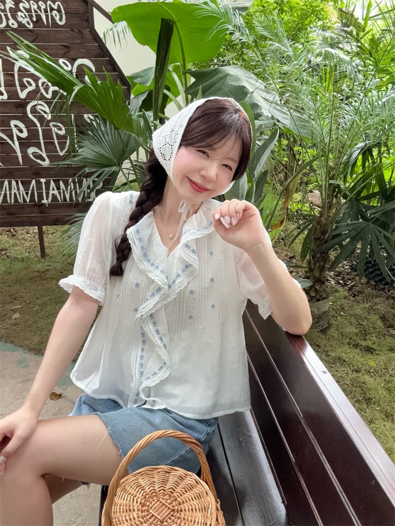 실사 정가 무거운 작업 자수 프릴 V넥 반팔 꽃 셔츠 상세 이미지 2