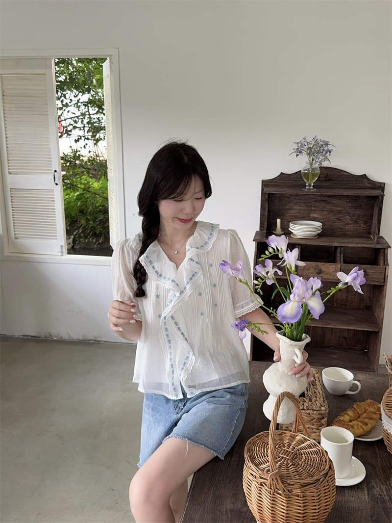 실사 정가 무거운 작업 자수 프릴 V넥 반팔 꽃 셔츠 상세 이미지 6